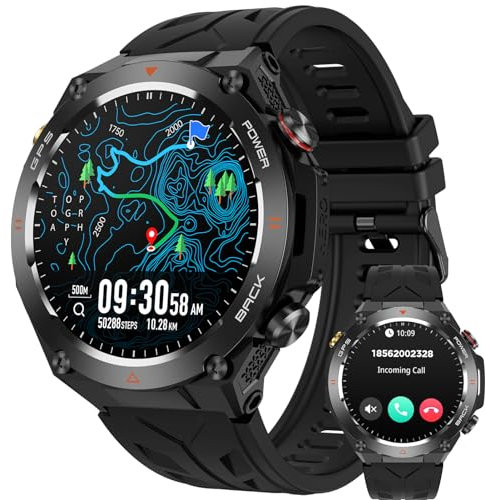 GPS Montre Connectée Homme Femme de Sport étanche multi activités Podomètre Appels Bluetooth 12 jours d'autonomie Moniteur Fréquence Boussole suivi de la Pression Atmosphérique, Altimètre 1ATM