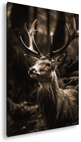 deyoli Majestöser Hirsch im Wald, sein Geweih erhaben im Dämmerlicht Format: 100x70cm Effekt:Sepia XXL Kunstdruck Motiv auf Holzrahmen/Leinwandbild/Wandbild/Wohnzimmer Dekoration