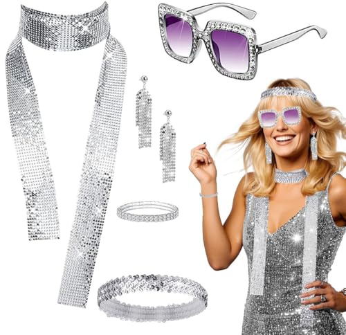 5 Stück Disco Accessoires, 70er Jahre Disco Zubehör, Disco Outfit Damen Accessoires mit Pailletten Schal Ohrringen Sonnenbrille Haarband Armband, 70er Damen Glitzer Schmuck für Fasching Karneval