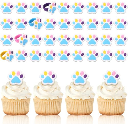 Teenyyou 48 Pcs Paw Dog Cupcake Rings Toppers Decorations Orange Blue Red Yellow Paw Dog Theme Birthday Cupcake Rings Decorations for Dog Puppy Baby Shower Party Supplies (Blue,Yellow,Pink,Purple)