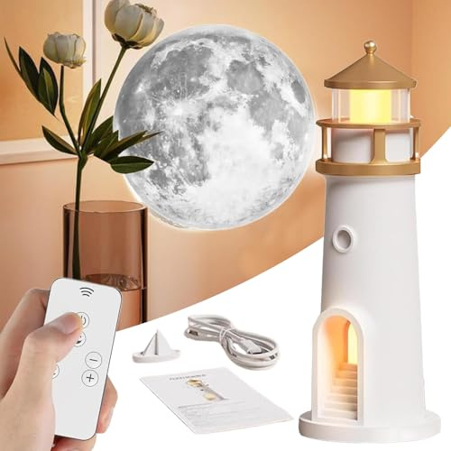 Leuchtturm Deko Lampe, Lighthouse mit Mond Projektion, LED Mondlicht Projektor Lampe mit Fernbedienung, Mond Projektor Leuchtturm Deko USB Aufladbar für Schlafzimmer Wohnzimmer Deko (Fernbedienung)