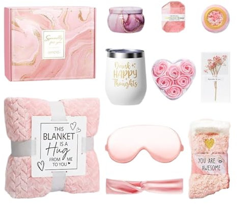Care Package, Women Relaxation Kit, Spa Basket for Her, Flannel Blanket Included, Aromatherapy Stress Relief, 27x23x13cm for Birthdays, Mother’s Day, Valentine’s Day, and Christmas,