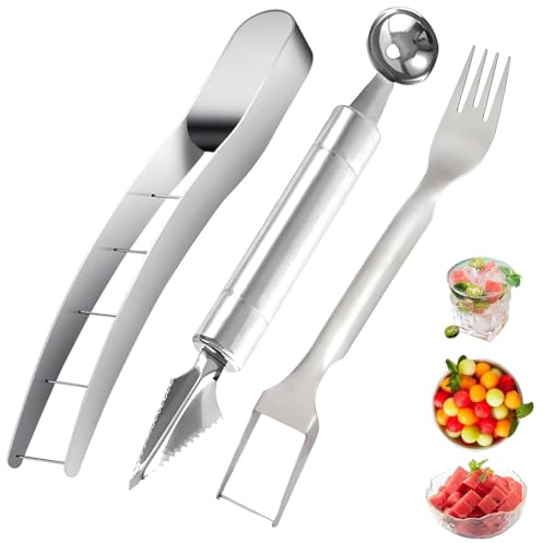 Lot de 3 coupe-pastèques, en acier inoxydable, 2 en 1, fourchette, coupe-pastèque, coupe-melon, fruits et melons pour salade de fruits, pastèque, cantaloupe, fruits du dragon