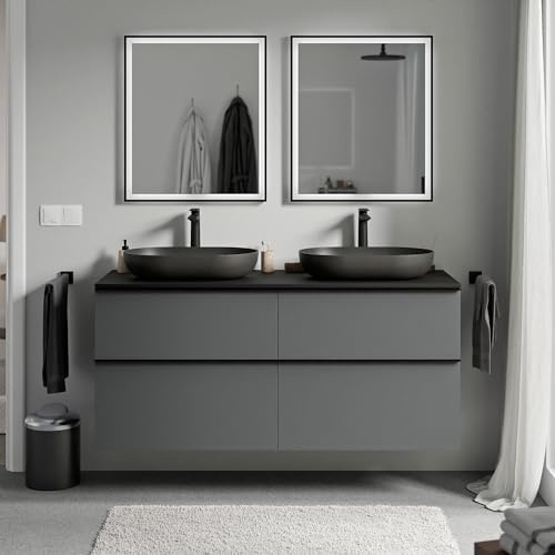 BERNSTEIN - Hängender Waschbeckenunterschrank für Badezimmer, MDF, anthrazit, matt, Waschtischplatte & Metallgriff, mattschwarz – 120 x 46 x 62 cm – LAVOA