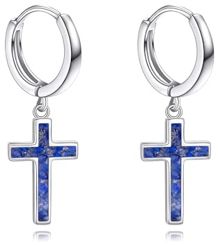 925 Sterling Silber Creolen Silber Kreuz Ohrringe Lapislazuli Schmuck für Frauen Mädchen Männer Junge Frauen Teenager Mädchen Kind Damen Herren