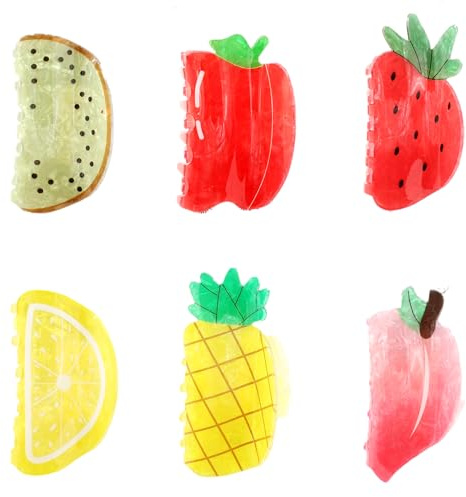Pack 6 Pinza Pelo Frutas Acrílicas Accesorios Mujer Pinza fruta Cereza Sandía Limón Fresa Piña Aguacate Garras Divertidas Decoración Peinados Verano (Pack E, Grande)