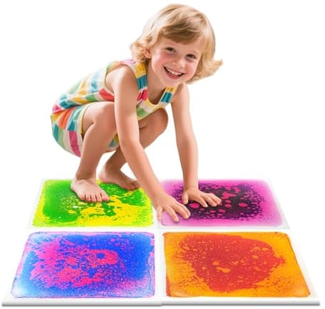 Lot de 4 dalles de sol sensorielles - Conforme à la norme EN71 - Marquage CE - Tapis de mouvement liquide non toxique pour autisme, TDAH et SPD - Jeu tactile stimulant pour salles de classe, crèches
