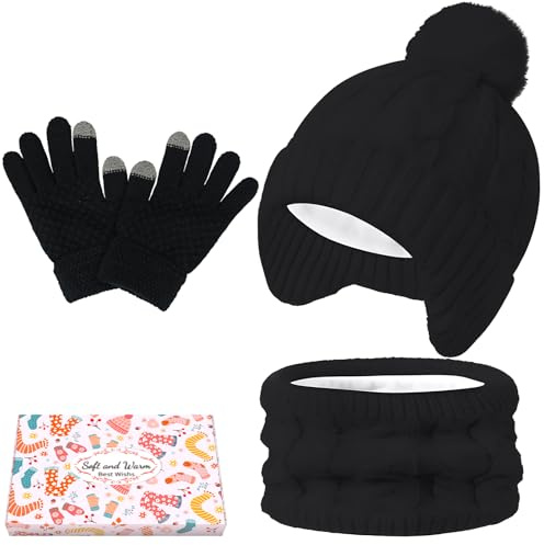 KOOOGEAR Girls Boys Winter Accessories Set,Kids Cosy Warm Knit Hat Scarf Gloves Set for School Travel Home,Gifts Box Children 2-8 Years
