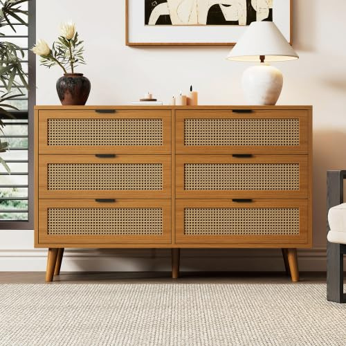 Merax Sideboard – Elegante Kommode im Retro-Design mit Rattan-Schubladen und Massivholzbeinen, 120 cm, Walnuss – Viel Stauraum, ideal als Wohnzimmerschrank oder Küchenschrank