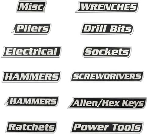 12Pcs Magnetic Labels, Acrylic Tool Box Stickers with 3D Raised Text & Strong Magnet, Box Labels for Toolboxes Carts Drawers Cabinets Workshop Garage Organization DIY Mechanic Home Use (Black)