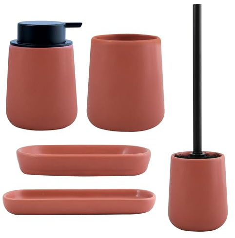 WELL HOME MOBILIARIO & DECORACIÓN Juego de Accesorios de baño de 5 Piezas, en cerámica: Dispensador; Vaso; Jabonera; Portaescobillas y Bandeja, en Color Terracota