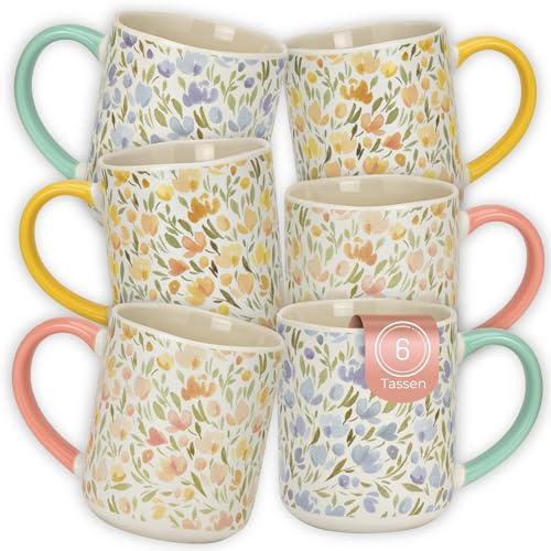 matches21 HOME & HOBBY Kaffeetassen mit Blumen Dekor, 6er Set Designertassen - Moderne Pastell Frühstückstasse 385 ml
