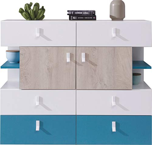 Masseno Kommode ISEO 110 cm Sideboard mit 6 Schubladen und 4 Türen für Wohnzimmer Schlafzimmer Modern 110x40x90 cm Weiß/Eichefarben
