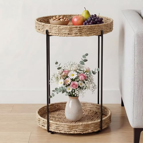 Mai & Mai Beistelltisch rund Ø37×H55 cm, Couchtisch klein Schwarz | Balkontisch mit 2 abnehmbaren Tablett aus Papierkordel, Sofatisch für Wohnzimmer, Schlafzimmer und Balkon, Reglo-08