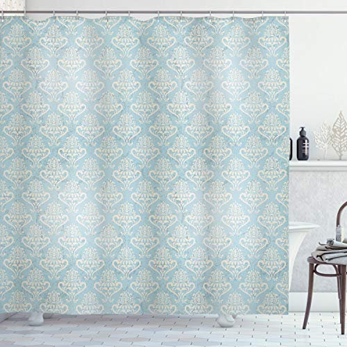 ABAKUHAUS Damast Duschvorhang, Mittelalterlich, Stoffliches Gewebe Badezimmerdekorationsset mit Haken, 175 x 220 cm, Blau Creme