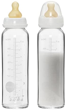 Hevea Biberons en Verre À Col Standard - Biberons Anti Colique À Débit Moyen Bébés De 3 À 24 Mois, Sans Bpa, 240 Ml, Lot De 2