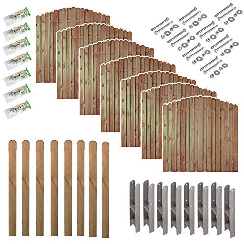 Sichtschutz-Zaun Bochum Bogen | Komplettset mit Montagematerial & 7 Stk. Gartenzaun 180x180 cm seitlich abfallend auf 160 cm & 8 Stk. Pfosten 9x9x190 cm | ca. 13,3 lfd. Meter | Zaunelemente