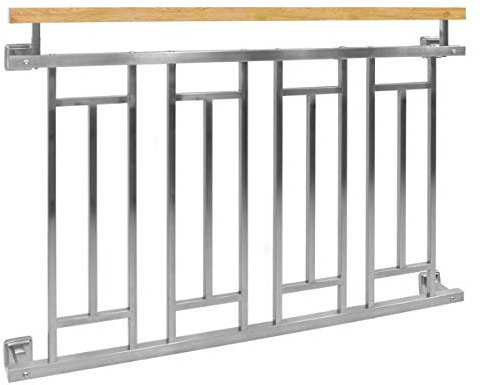 ECD Germany Barandilla de Balcón Estilo Francés Plateada Brillante 128x90 cm de Acero Inoxidable, Baranda de Terraza para Puerta o Ventana, Reja de Seguridad Aspecto Madera Moderno y Resistente
