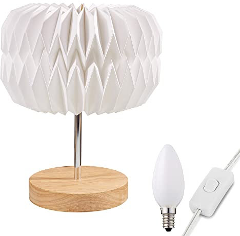 hellum Tischlampe mit Design Papier Lampenschirm mit LED Glühbirne, Weiß Papierschirm mit Fuß aus Holz und Metall. Deko Tischleuchte mit 1,5m Kabel mit Stecker mit Schalter, Höhe 32 cm 578164