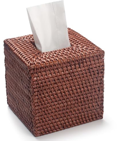 Kosmetiktücherboxen Quadratisch aus Rattan, Taschentücher Box Spender für Zuhause Büro, 14,5 x 14,5 x 14,5 cm, Honigbraun
