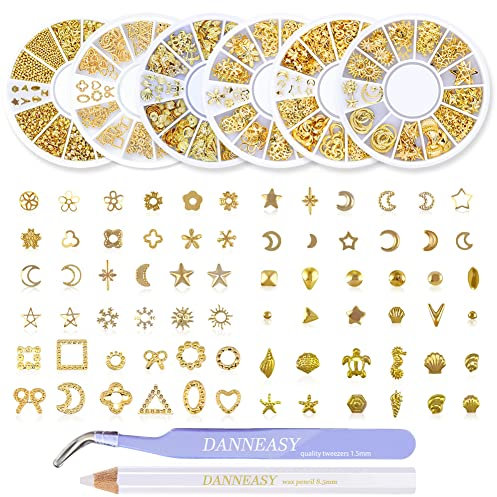 DANNEASY 6 Wheels 3D Gold Nail Studs Metal Nail Charms Nail Art Rivets Manicure Decoration Kit Star Moon Shell Cross Flower With 1Pc Curved Tweezers And Wax Pen