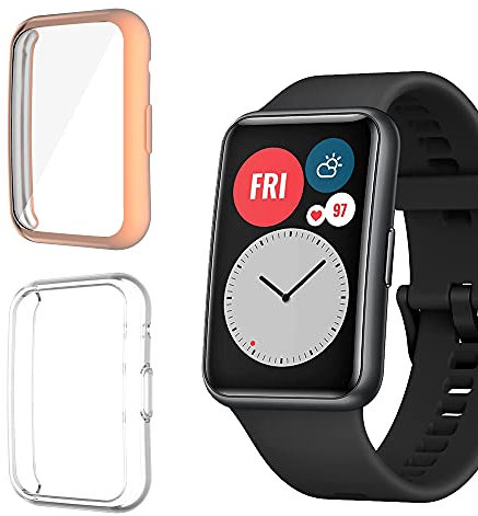Niboow Cover [2 Pezzi] Compatibile con Huawei Watch Fit, Con Pellicola Protettiva, Protezione Ultra Sottile TPU Custodia, Morbida Custodiain Compatibile con Huawei Watch Fit-Oro Rosa+Trasparente