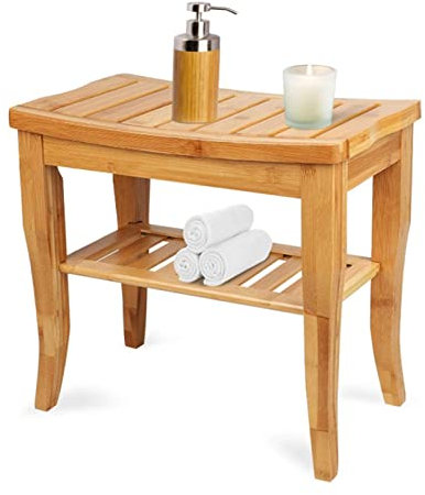 Badhocker für die dusche Holz, Bambus Hocker 2 Etagen Duschhocker Wohnhocker Rutschfester Sitzhocker Sitzbank Bad Holzhocker mit Ablage Badezimmermöbel