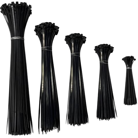 Kable Kontrol 500 Pack Cable Ties Assorted Sizes 2.5 mm/4.8 mm x 100/150/200/280/370 mm Black Cable Ties Heavy Duty Tie Wraps Assorted Zip Ties Wire Ties Nylon 6-6 Plastic Ties for Home, Gardening