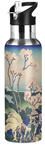Japon Rose Vie Tirage Bouteille d'eau Isotherme en Acier Inoxydable Isolé avec Paille Water Bottle(600 ML)
