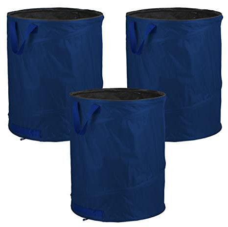 Relaxdays Laubsack selbstaufstellend, 3er Set, 160 L, Pop Up Gartensack mit 3 Griffen, UV-beständig, wasserdicht, blau, 65 x 55 cm