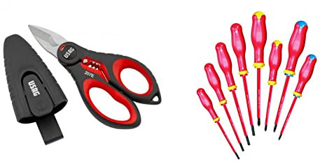 USAG U00910106 Serie giraviti isolati 1000V, Rosso & 207 E U02070006 Forbice Professionale per Elettricisti, Spellafili integrato (1,5-2,5-4 mm2)