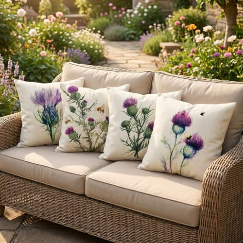 SCVBLJS Flower Cushion Cover Purple Thistle Flower Painting pillowcase Nature Drawing Ink Garden Health Decor Cushion Case Garden outdoor bench Throw Pillow Covers bee Cushions 45x45cm set of 4