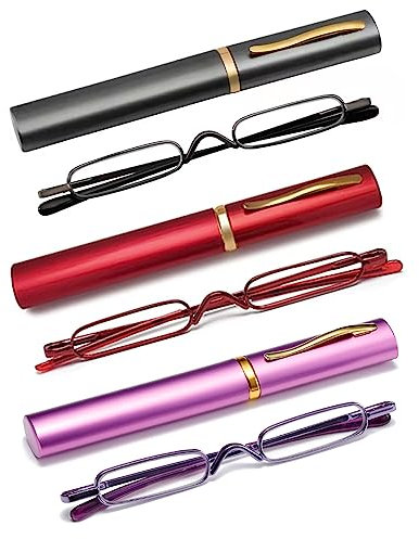 OWTXIS 3 Pack Mini Slim Pen Reading Glasses - Compact Readers with Pen Clip Case Spring Hinge Metal Frame Eyeglasses (Gunmetal, Red, Purple, +2.75)