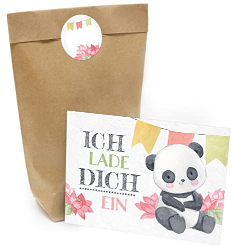 Kindergeburtstag Einladung Set mit je 8 Einladungskarten, Umschlägen, Tüten und Aufkleber - Panda Bär