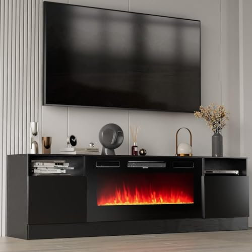 Breezestival Support avec cheminée électrique de 91,4 cm pour téléviseurs jusqu'à 80, centre de divertissement moderne en texture de bois avec lumière LED, armoire console à 2 niveaux, noir
