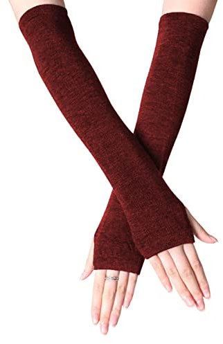 B-HOT Warmer Fingerless Gloves Stretchy Knit Thumb Hole Sun Protection Long Arm Solid Color Glove Burgundy