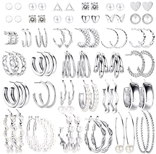 CASSIECA 36 Paar Gold Perlen Ohrringe Set für Damen Mädchen Mode Kettenglied Creolen Ohrstecker Tropfen Ohrringe Boho Statement Acryl Creolen Hypoallergen Ohrringe Geburtstagsfeier Schmuck Geschenk