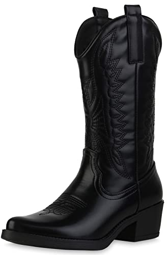 VAN HILL Damen Stiefel Cowboystiefel Stickereien Schuhe Spitze Holzoptikabsatz Western Boots Freizeitschuhe 211605 Schwarz 36