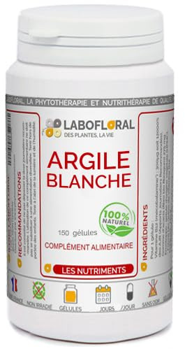 Argile blanche Labofloral 150 gélules dosées à 400 mg - Complément alimentaire - Vertus purifiantes et protectrices du tube digestif - Fabriqué en France