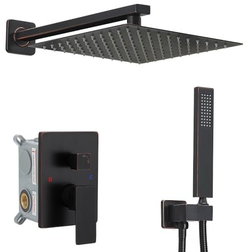 YCAIKOI Duscharmatur-Set komplett, Wandhalterung, Duschsystem für Badezimmer, 30,5 cm Hochdruck-Regendusche mit Handheld, rauem Ventilkörper und Verkleidungsset, ölgeriebene Bronze