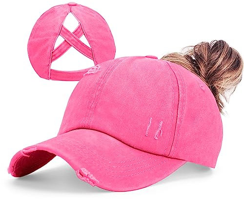 ZTL Baseballkappe für Damen, hoher Pferdeschwanz, Laufmütze, schnelltrocknend, Netzstoff, Sportkappe, unstrukturiert, Dad Trucker Hüte, Gewaschenes Used-Look, Hot Pink, Einheitsgröße