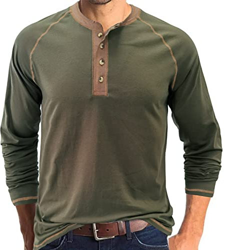 Mens Henley Shirts Casual Shirt Long Sleeve Tops Cotton Tee Basic T-Shirt Crew Neck Top Knitted Buttons Green