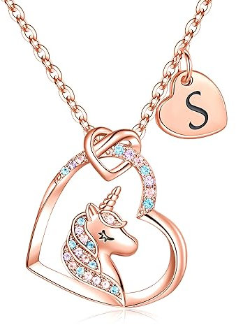 TINGN Girls Gifts Unicorn Gifts for Girls - Necklace for Girls Teen Girls Rose Gold Heart Initial S Unicorn Necklace Girls' Jewelry Birthday Gifts Unicorn Gifts for Girls Age 6-8 Unicorn Girls Toys