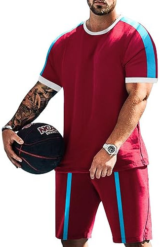 Herren Shorts Sets Outfits 2-Teilige Casual Kurzarmhemden Anzüge Sommer Trainingsanzüge Laufbekleidung Herren Rundhals Sportshirt Herren D-Wine Red M