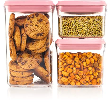 RELIANCE KITCHEN Set of 3 Airtight Food Storage Containers - Kitchen Storage & Organisation - BPA Free Clear Plastic - Dishwasher & Microwave Safe - Leak-Proof - One-Click Push Mechanism