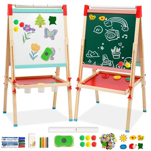 Chevalet pour Enfants en Bois, Chevalet d'art Double Face avec Rouleau de Papier Tableau Blanc et Tableau Noir avec Plateau de rangement pour accessoires Hauteur Réglable pour enfants Filles et aux
