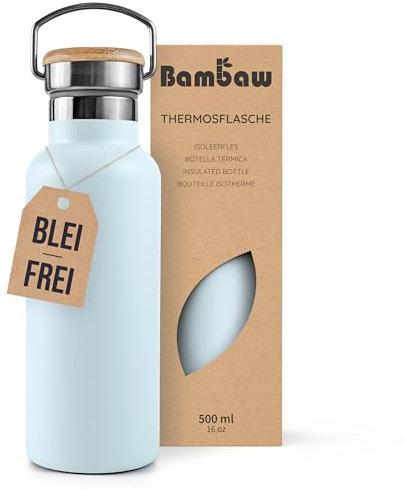 Bambaw Insulated 500ml Stainless Steel Water Bottle - Leakproof, BPA Free, Camping - Ice Blue