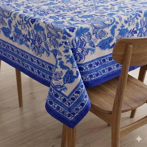 THE Unltd India Rechteckige Tischdecke, 100 % Baumwolle, Blockdruck, Sommerblumen, Esstischdecke, 152,4 x 228,6 cm, 8-Sitzer für Esszimmer und Outdoor-Dekoration, Hochzeitsgeschenk