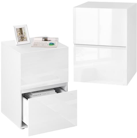 eSituro White Bedside Table Set of 2, Bedside Cabinet, Chest of 2 Drawers with Glossy Panles, Modern Wooden Nightstand, 40x40x58cm, Storage Side Table for Bedroom Living Room, SBT0004-2