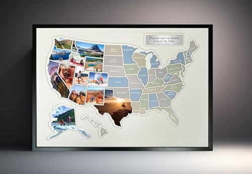 Generic Personalisierte Fotokarte 50 States USA – Holzrahmen, Semi-Glanz, 11x17 Zoll, Wandkarte, Reisekarte